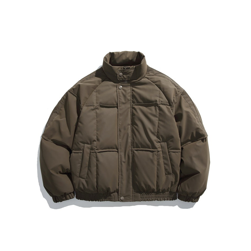 Front view of a dark olive-brown padded jacket with a high collar, snap placket, panel stitching, side pockets, and elastic