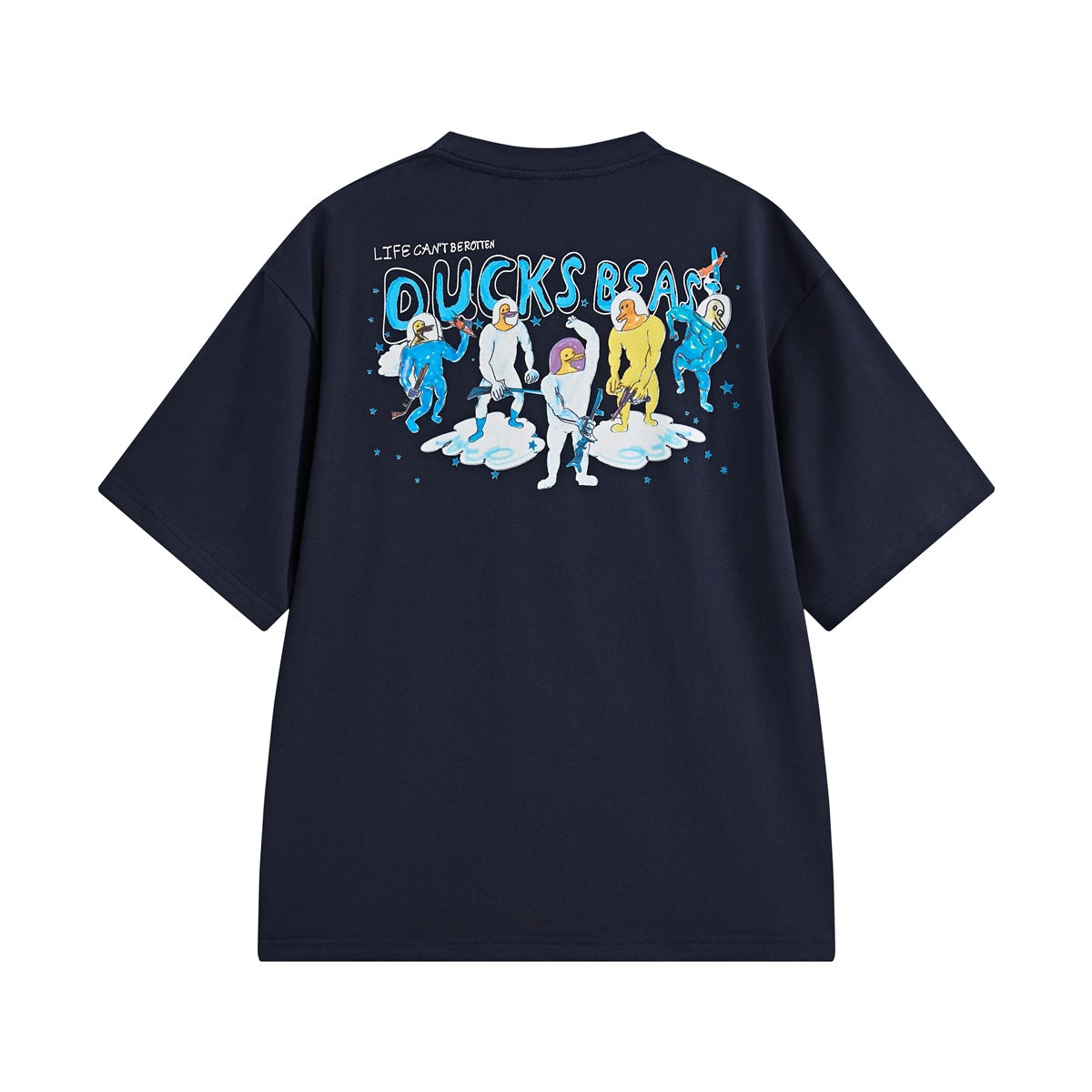 Navy blue short-sleeve T-shirt back view with colorful duck astronaut graphic and blue bubble lettering