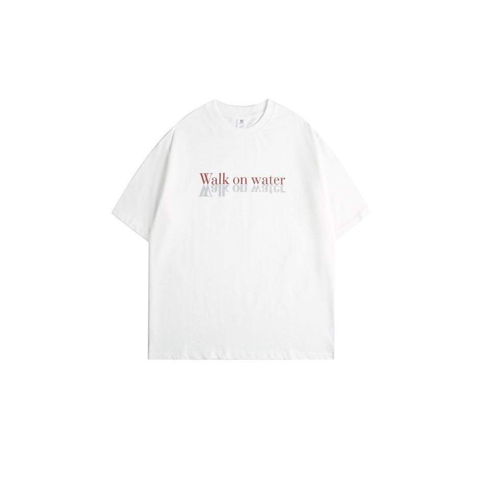 White short-sleeve crew neck T-shirt with red 'Walk on water' text and gray mirrored reflection on the chest