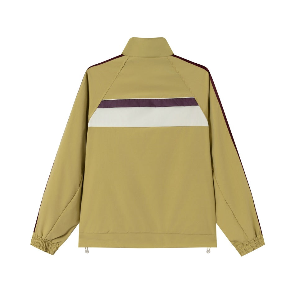 Back view of an olive track jacket with a purple and cream horizontal stripe and burgundy shoulder trim.