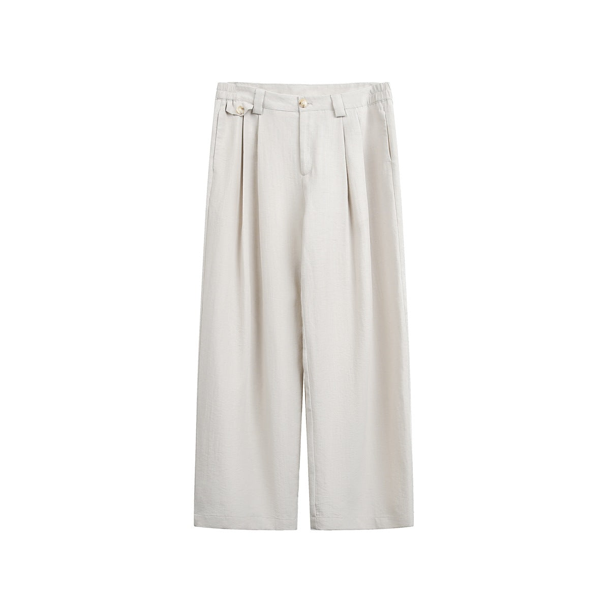 Beige pleated wide-leg trousers, front flat view, with waist button, fabric tabs and side tab