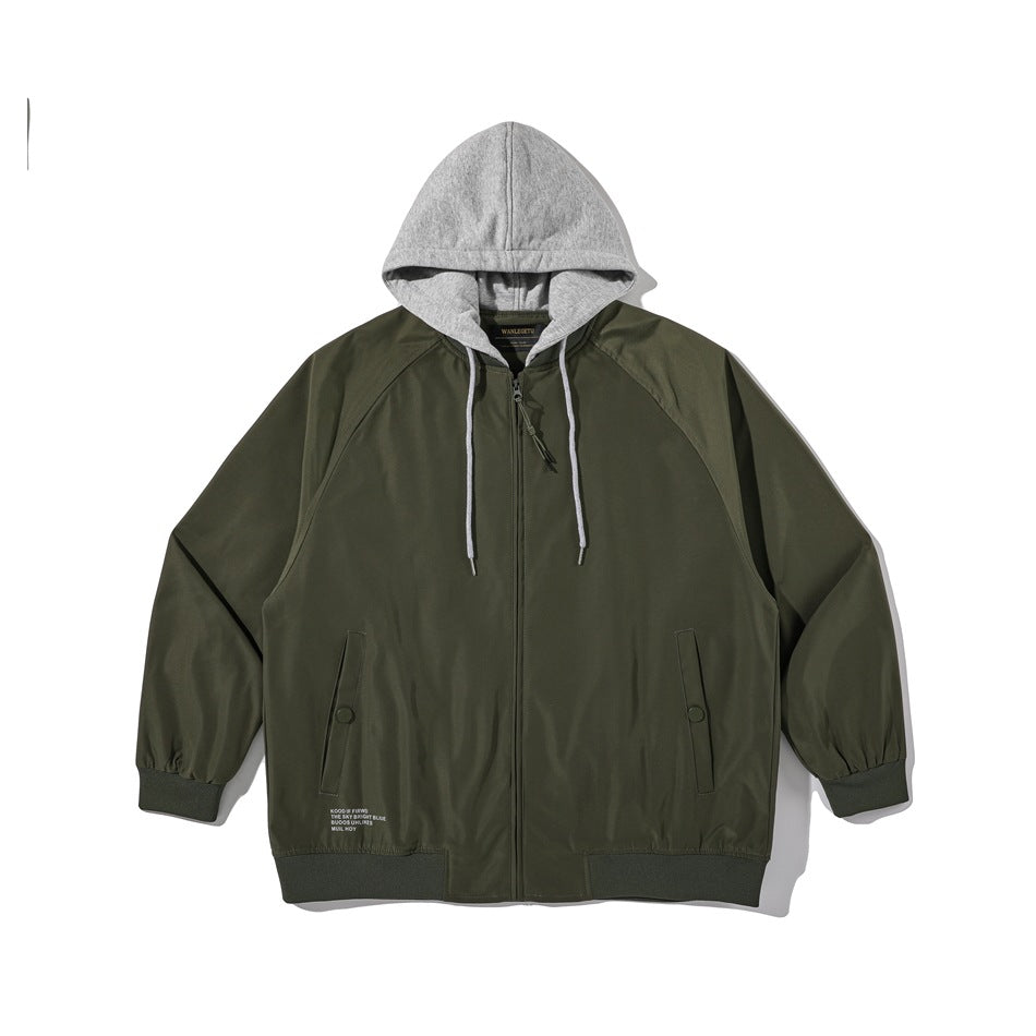 Army green zip-front bomber jacket with gray hood, gray drawcords, ribbed cuffs and hem, and snap-tab front pockets