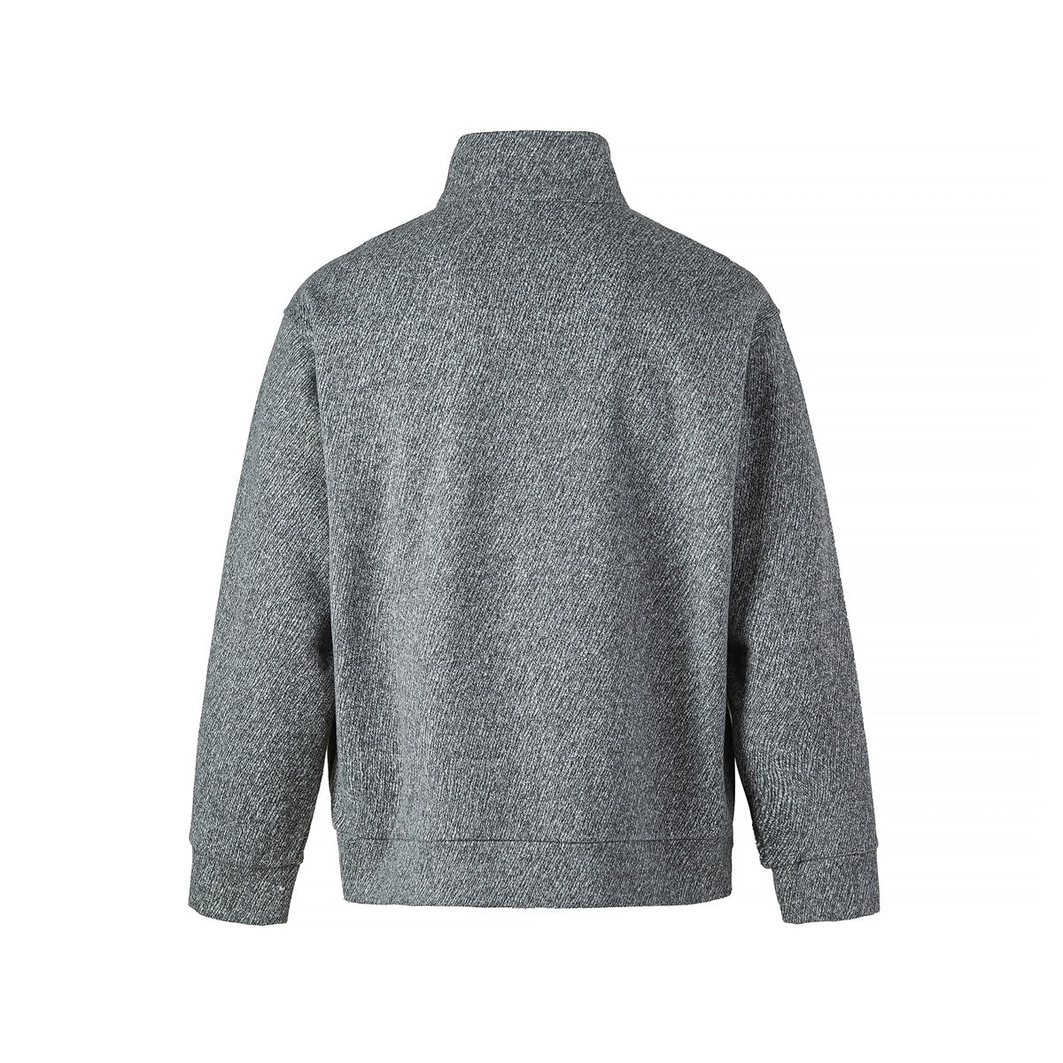 Back view of heather gray pullover with stand collar, ribbed cuffs and hem, on white background