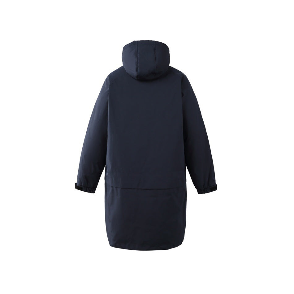 Back view of navy long hooded coat with raglan sleeves, lower back panel seam and elasticized cuffs