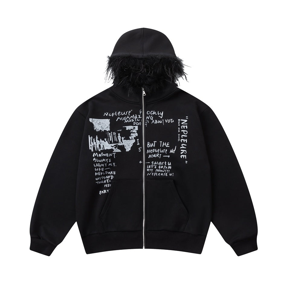 Black zip-up hoodie with feathery fur-like hood trim, silver-gray graffiti text print and front pouch pockets, flat view