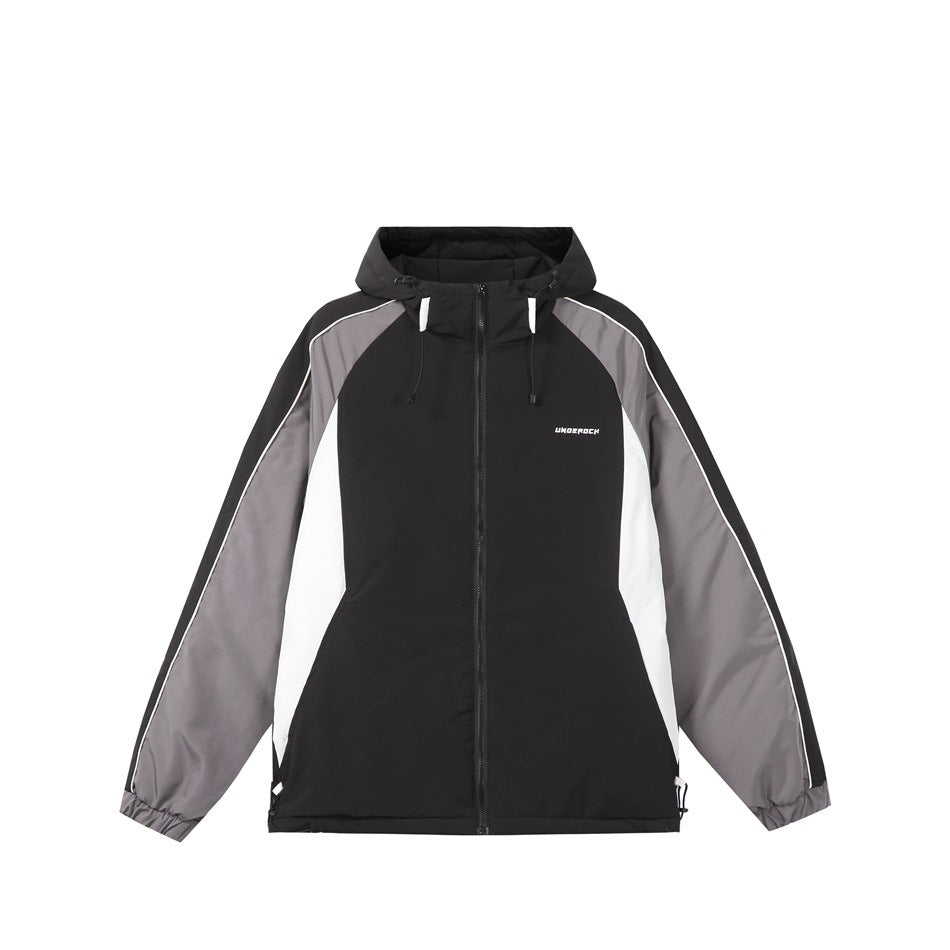 Black hooded zip jacket with gray sleeves, white side panels and white piping on a plain background