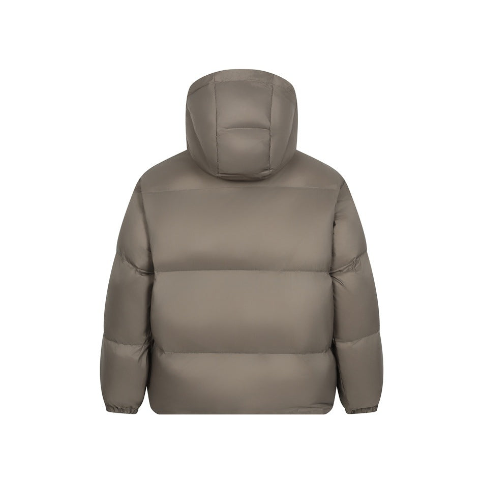 Back view of a taupe puffer jacket with a hood and wide horizontal quilted sections.