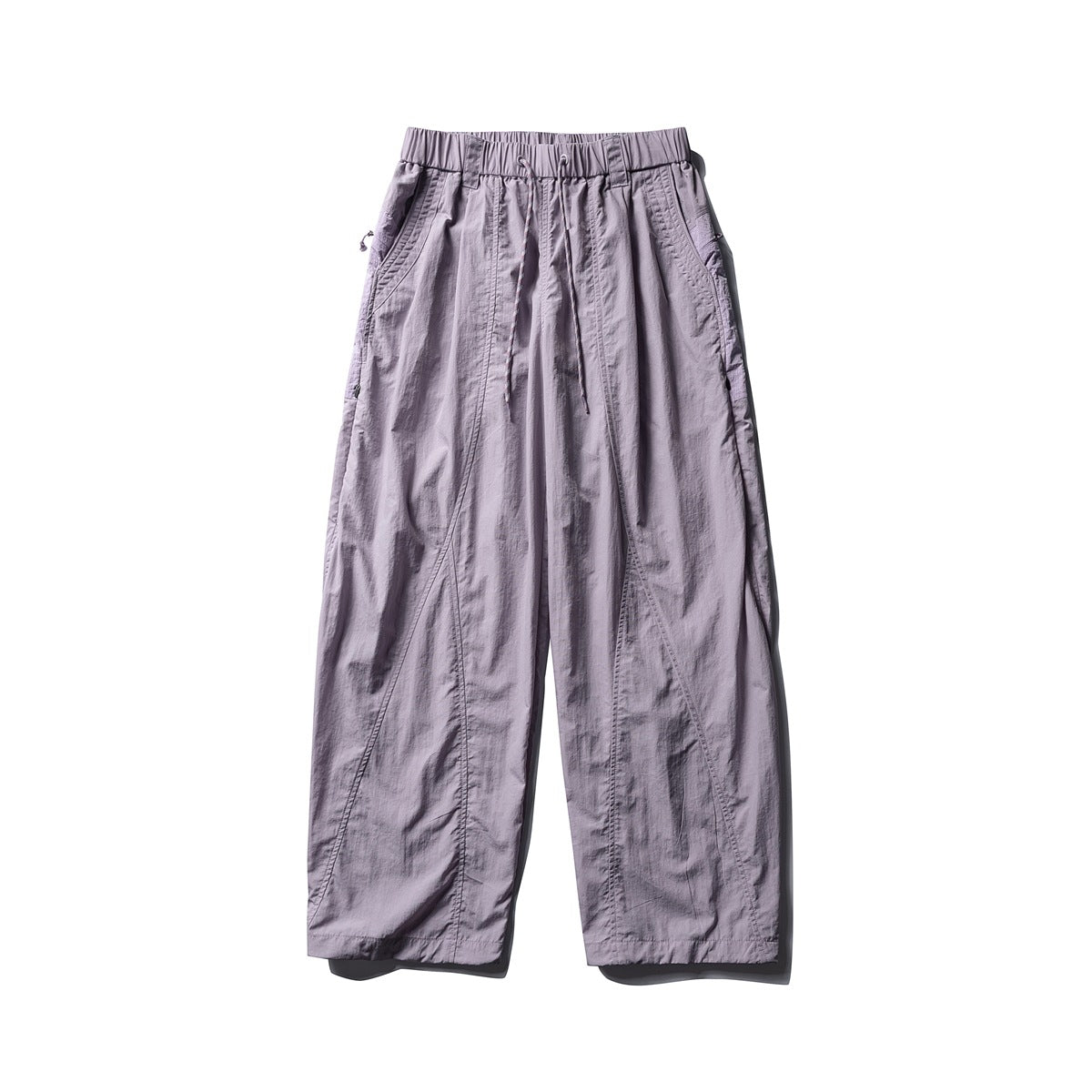 Taro purple wide-leg drawstring pants with elastic waist, side pockets and curved seams, flat lay front view