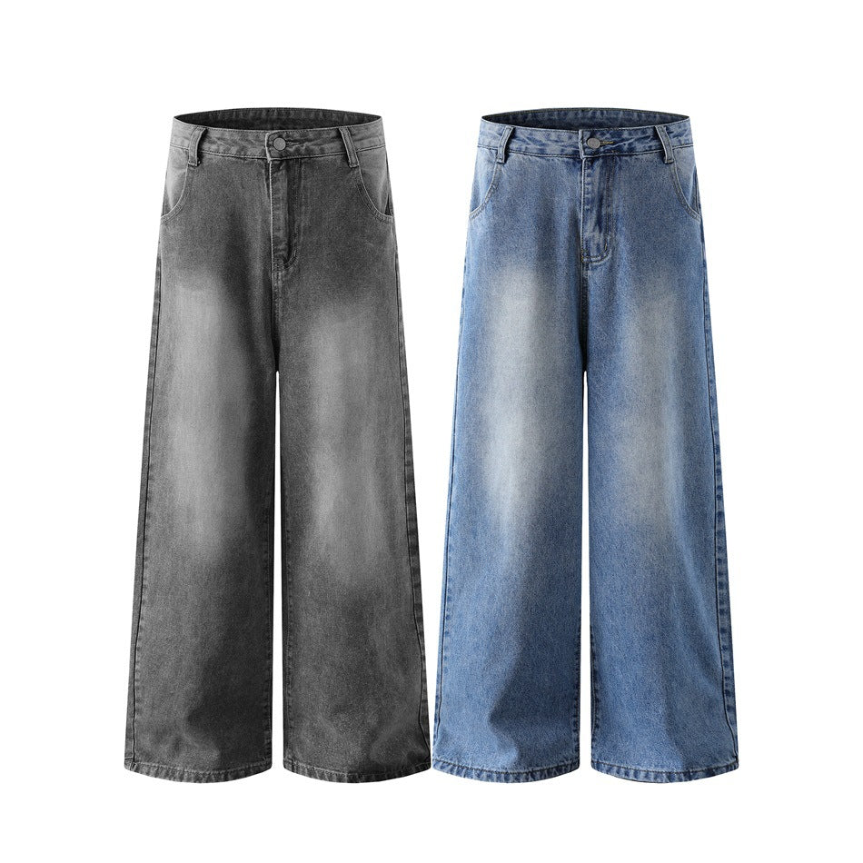 Front views of wide-leg jeans in faded gray and light blue, shown side by side.