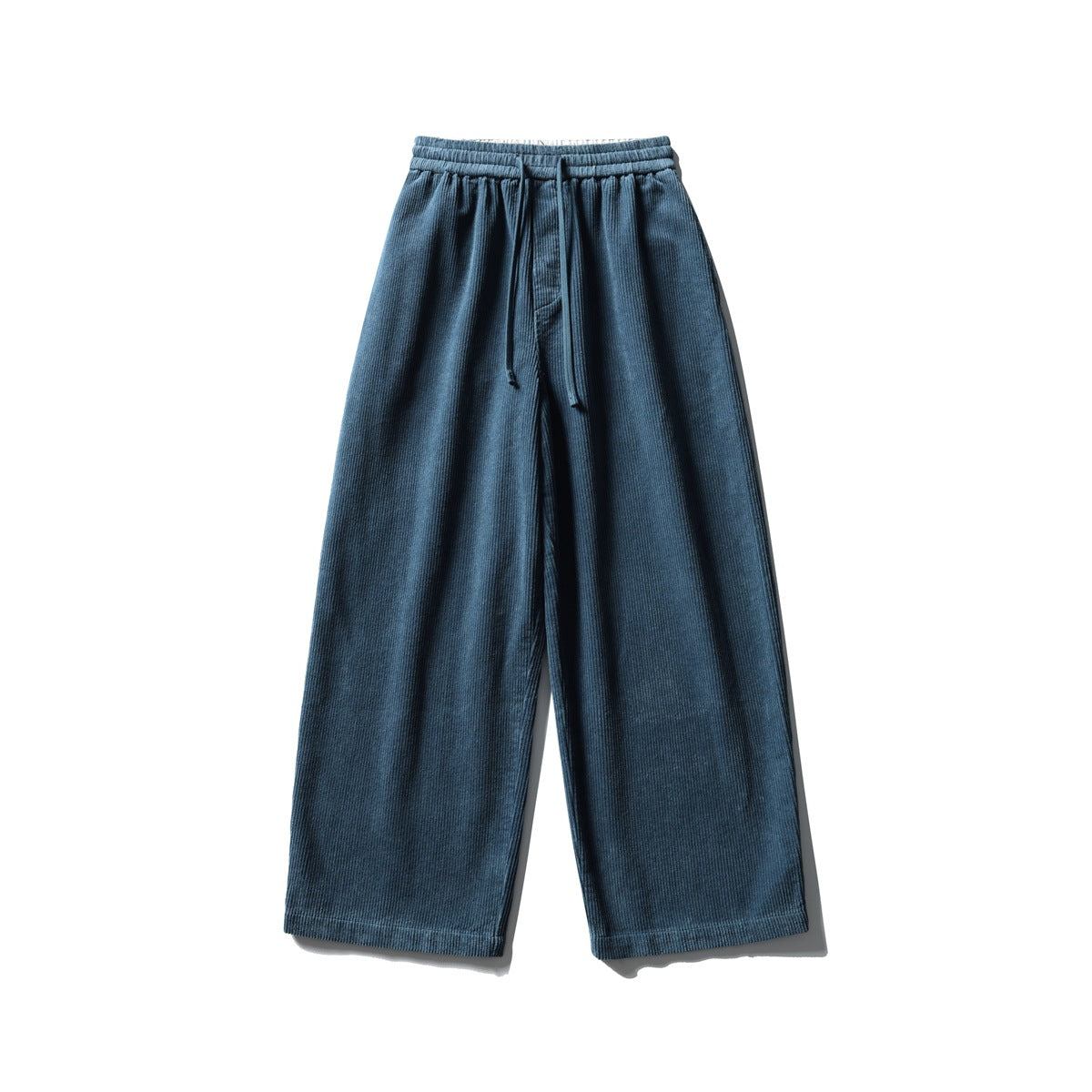 Blue wide-leg corduroy pants with elastic waistband and drawstring, front flat view