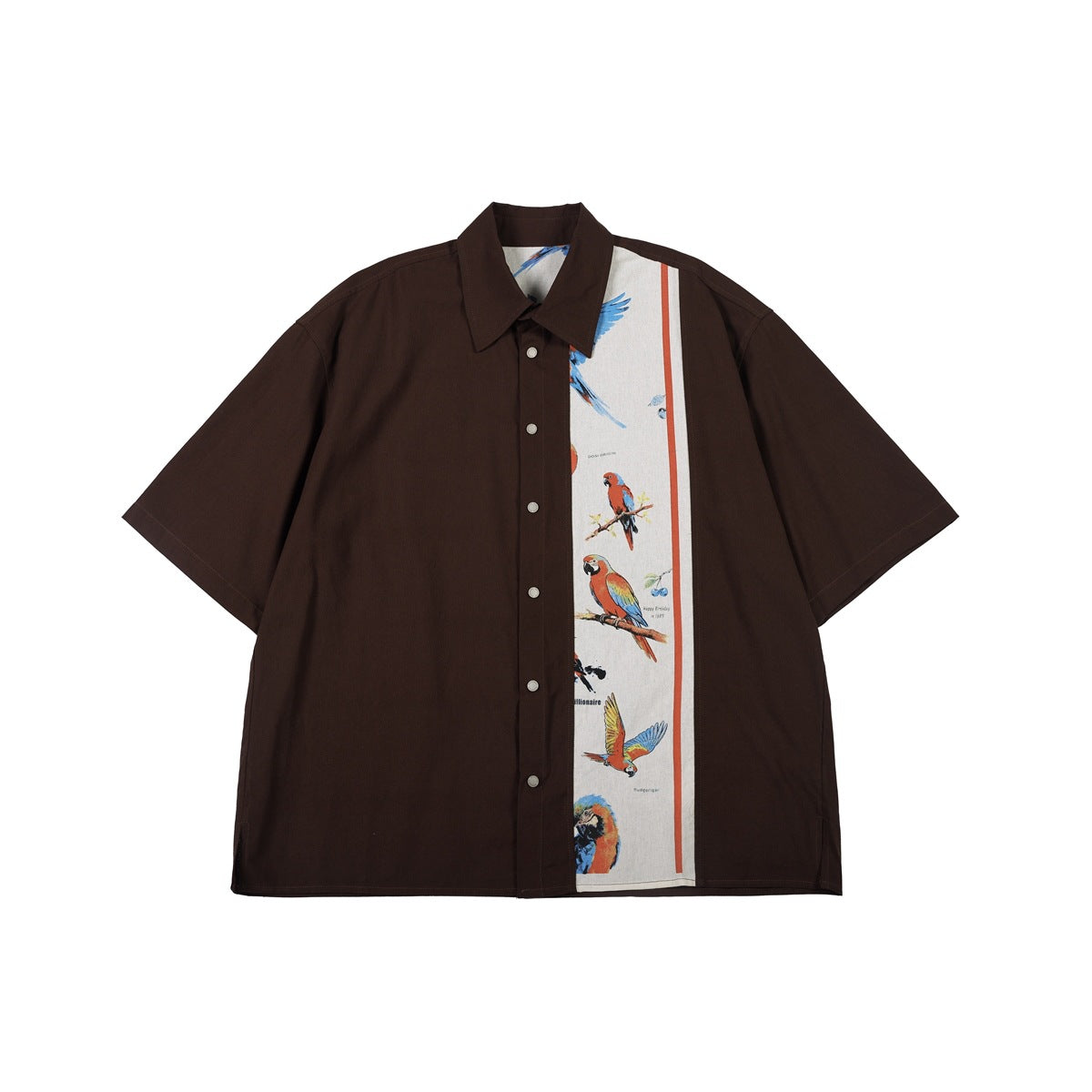 Dark brown short-sleeve button-up shirt with a vertical off-white parrot-print panel and orange-red stripe, flat front view