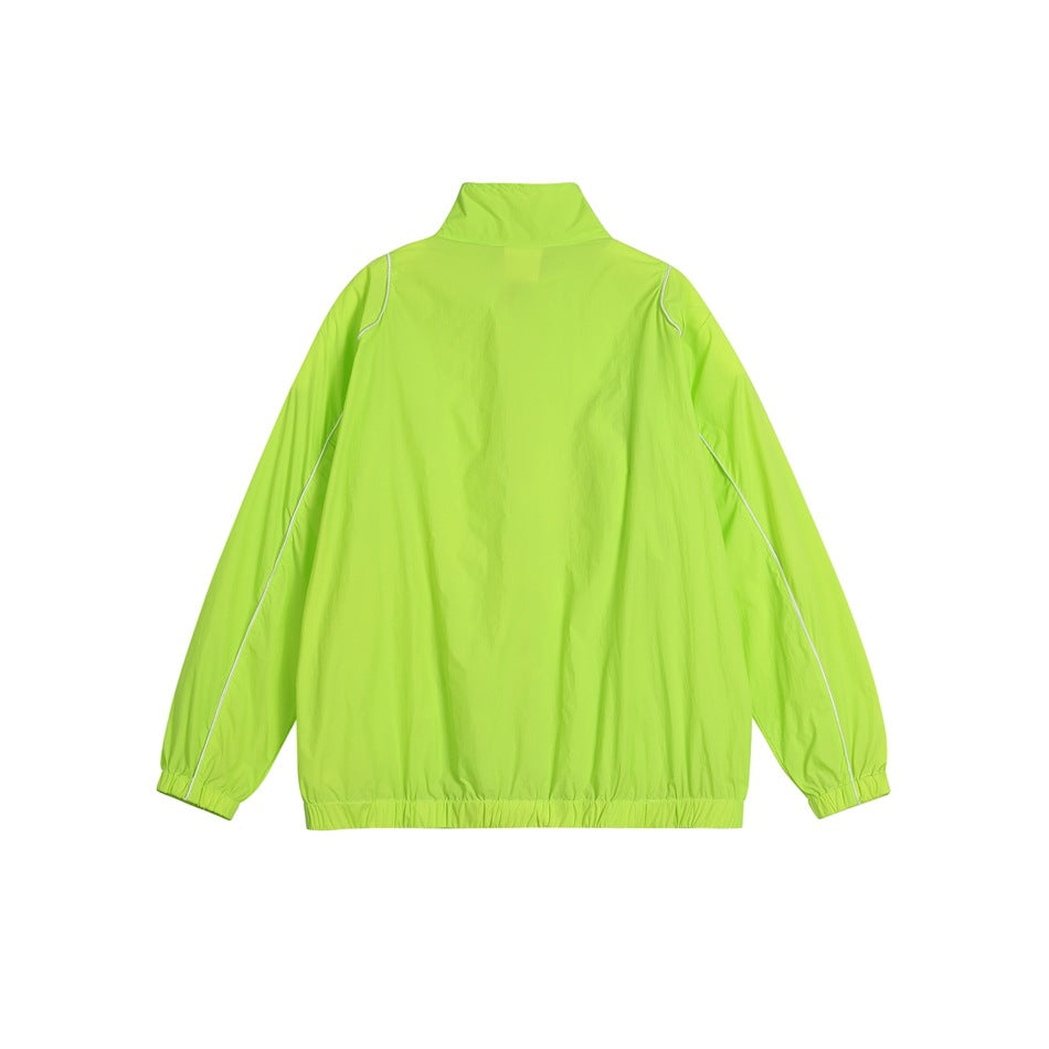 Back view of a neon lime jacket with a high collar, elastic cuffs and hem, and white piping.