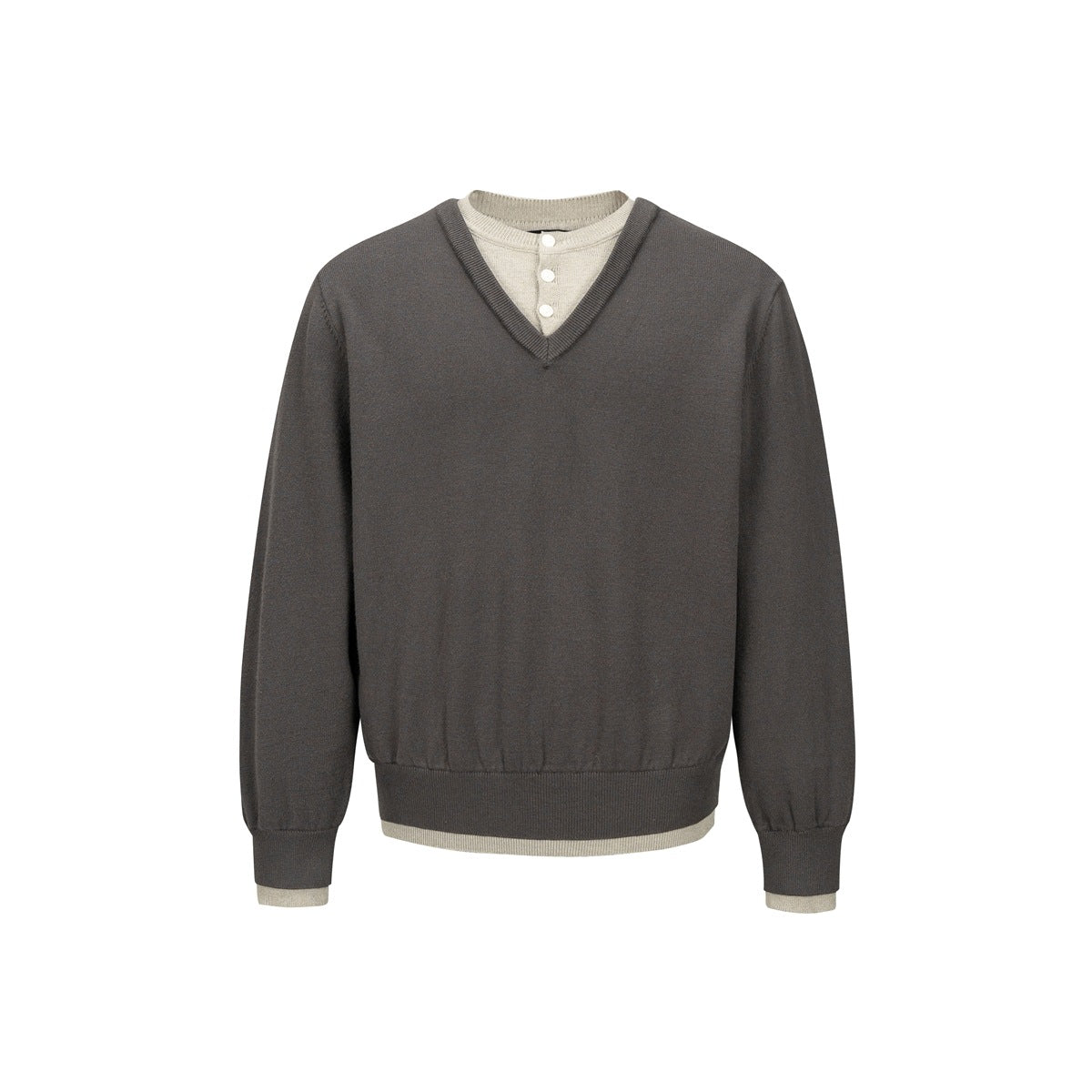 Brown-gray V-neck sweater with a beige layered underlayer, three buttons and beige trim at the hem and cuffs