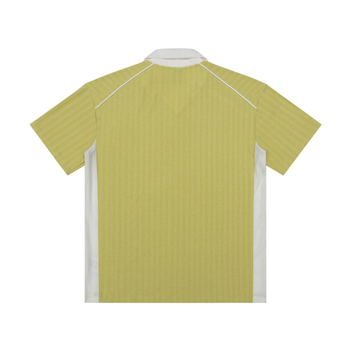Back view of a lime-yellow short-sleeve collared shirt with white side panels and piping.