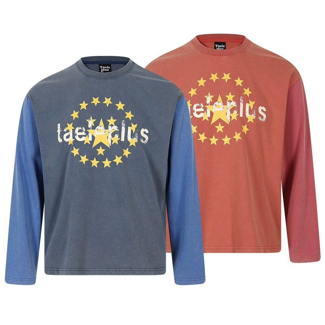 Two long-sleeve crew-neck shirts shown from the front: blue-gray with blue sleeves and rust red with dusty rose sleeves, both