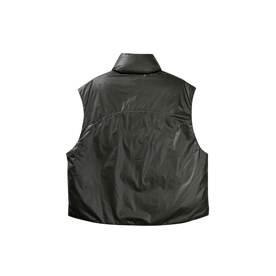 Back view of a dark charcoal sleeveless vest laid flat on a white background.