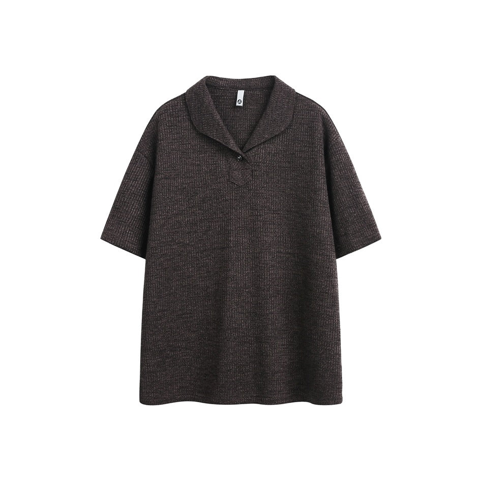 Coffee brown waffle-knit short-sleeve polo top with shawl collar and single button, flat front view