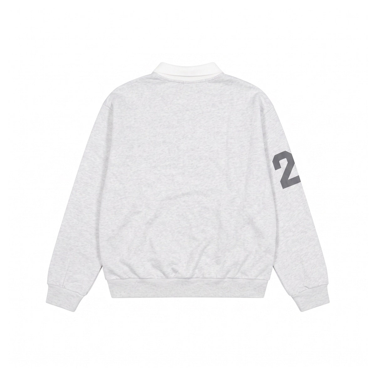 Back view of heather gray half-zip polo-collar sweatshirt with white collar and gray number 2 on the sleeve