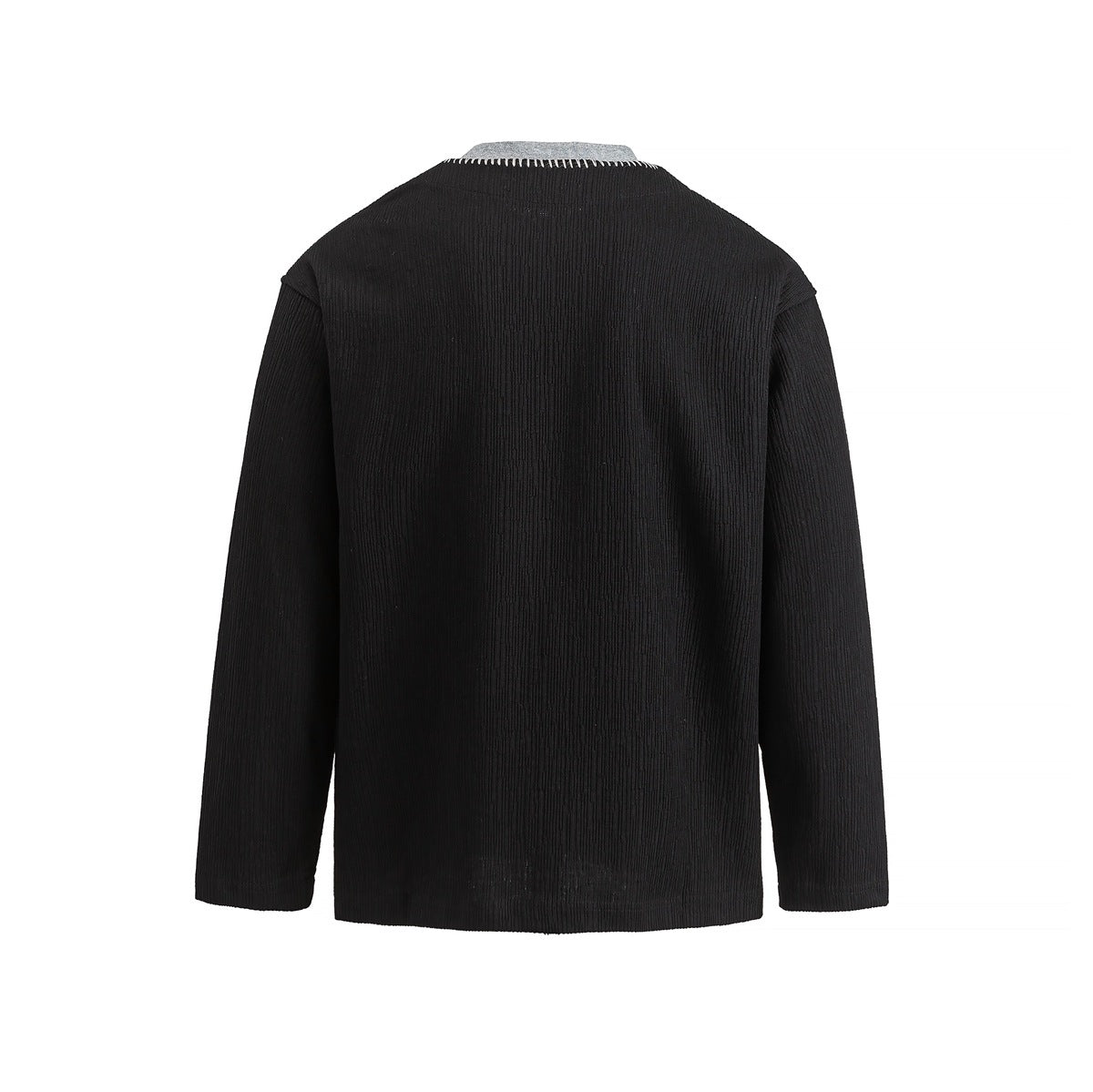 Back view of a black long-sleeve ribbed top with a gray collar and contrasting stitching at the neckline.