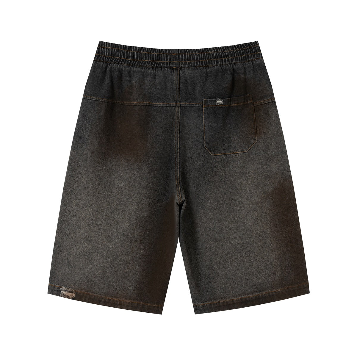 Full rear view of charcoal washed denim shorts with an elastic waistband, one back pocket, and wide legs.