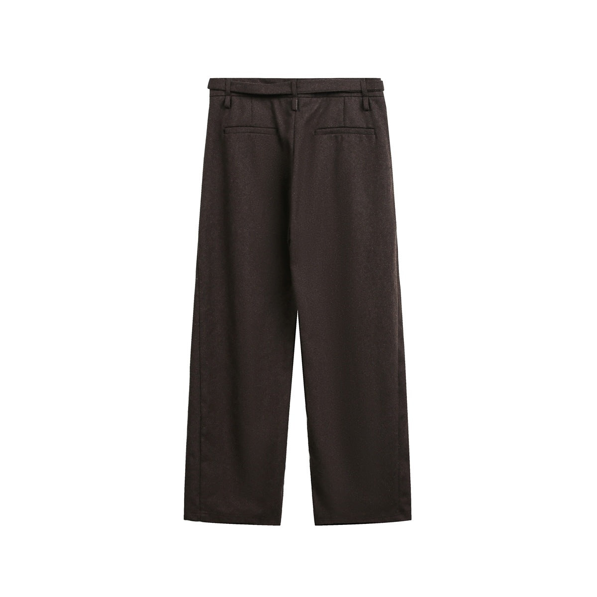 Back view of brown wide-leg trousers with two welt pockets and waistband tabs