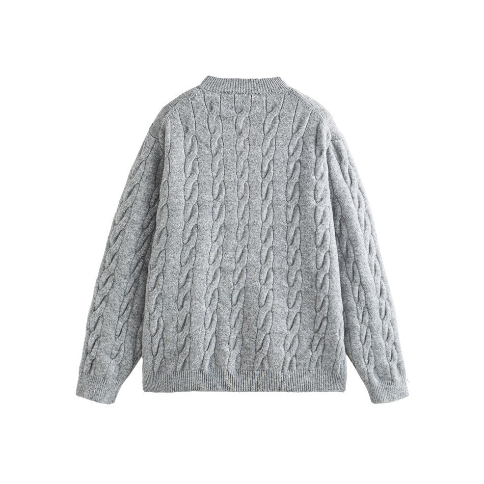 Back view of a light gray cable-knit cardigan with long sleeves and ribbed collar, cuffs, and hem.