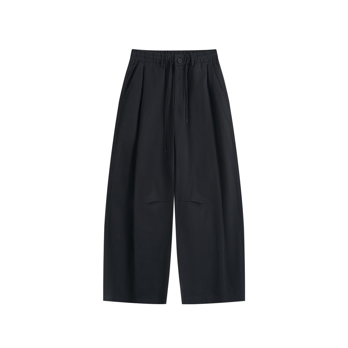 Black wide-leg drawstring trousers with elastic waistband, front pleats and knee seams, flat lay front view