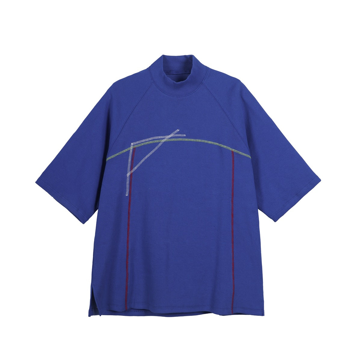 Royal blue mock-neck short-sleeve top with raglan sleeves and contrast arched and vertical stitching, flat front view