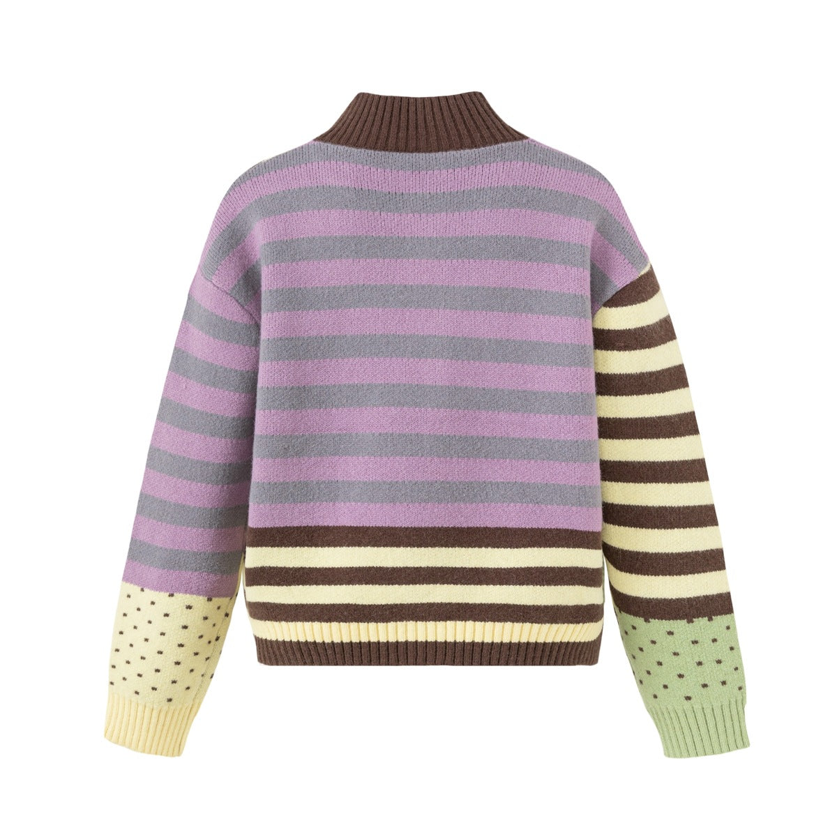 Back view of a cardigan with mauve and gray horizontal stripes, brown and cream bands, and dotted sleeves.