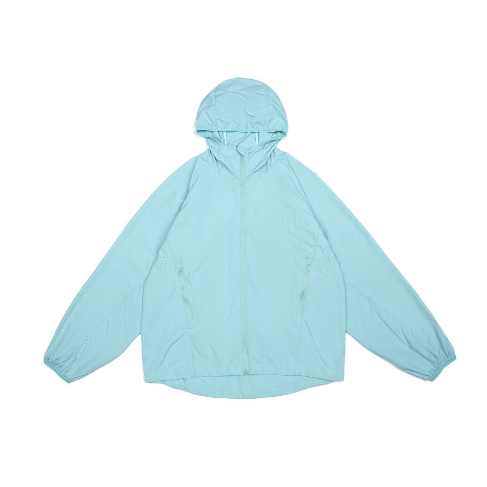 Aqua green hooded zip-up jacket laid flat, front view with zippered side pockets and elastic cuffs