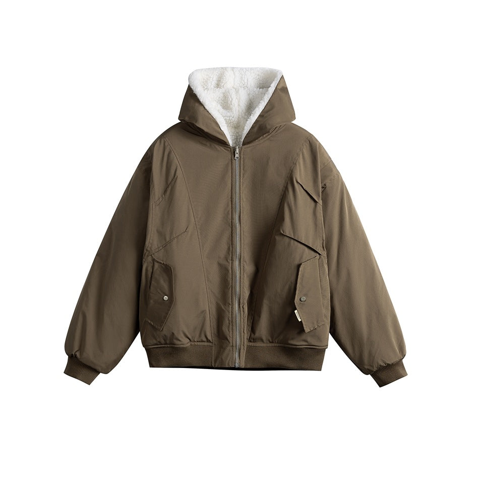Brown hooded zip-front jacket with ribbed cuffs and hem, flap pockets and white fleece-like hood lining, flat view