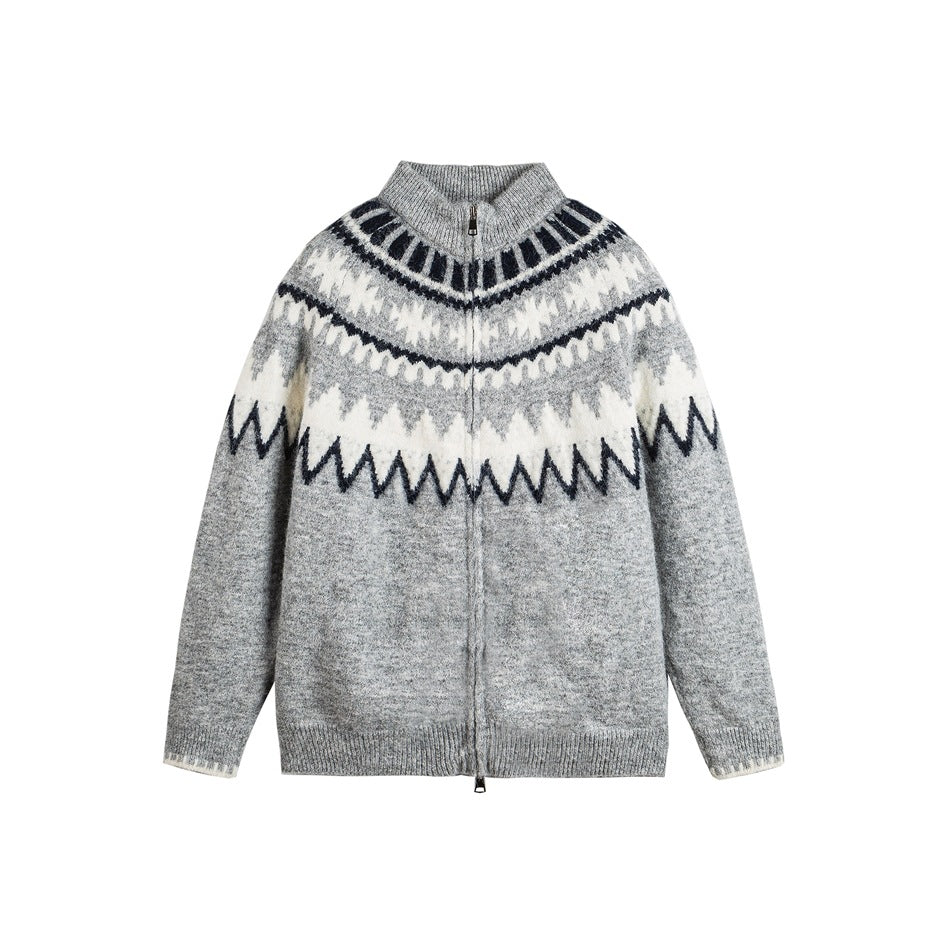 Gray zip-front knit cardigan with stand collar and navy and cream Fair Isle yoke pattern, flat front view