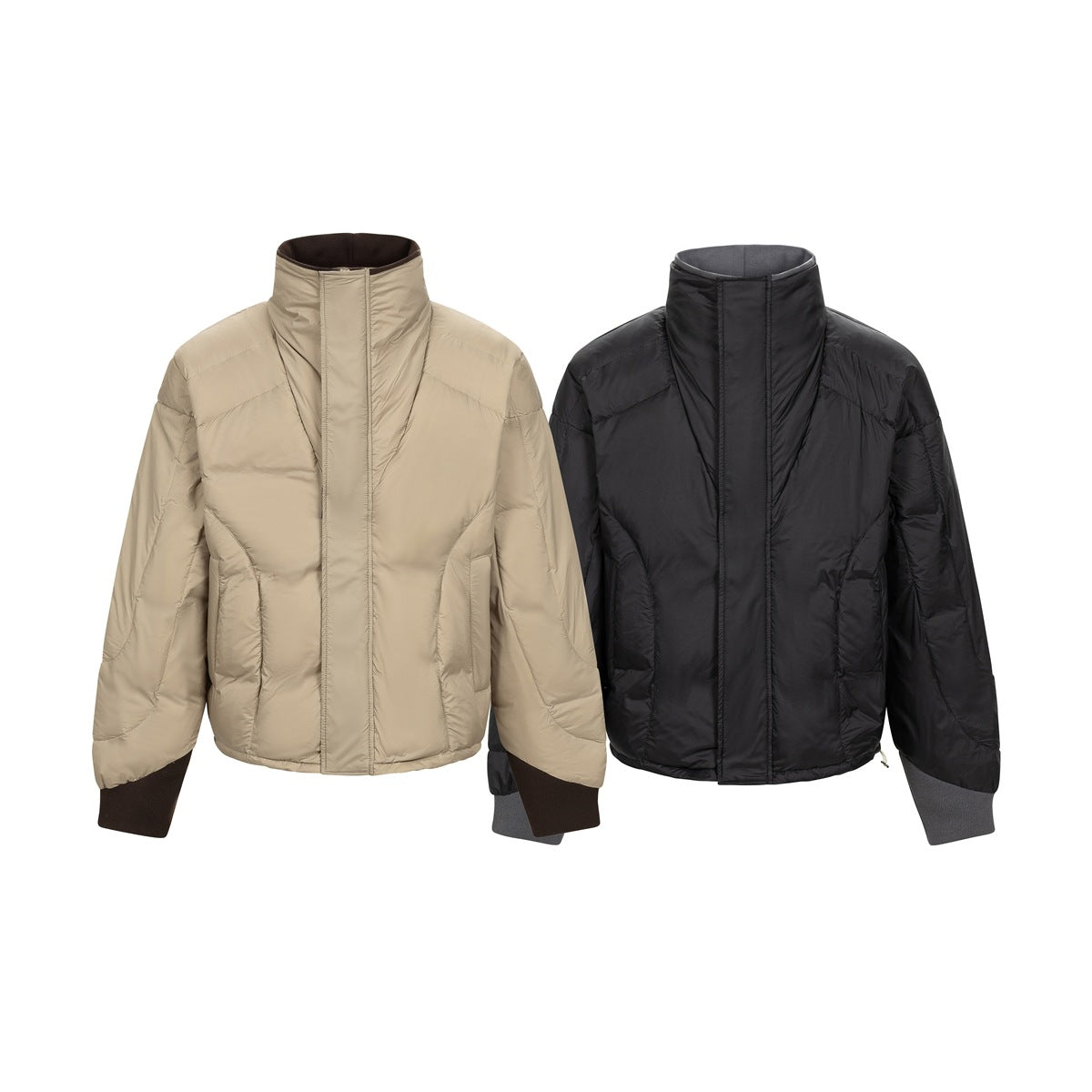 Beige and black padded jackets shown from the front, each with a high collar, front closure, and ribbed cuffs.