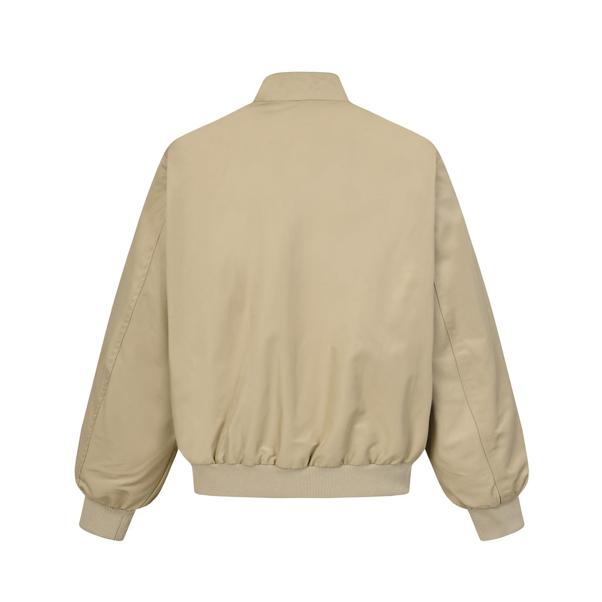 Back view of khaki Harrington-style jacket with stand collar, raglan-style sleeves, ribbed cuffs and ribbed hem