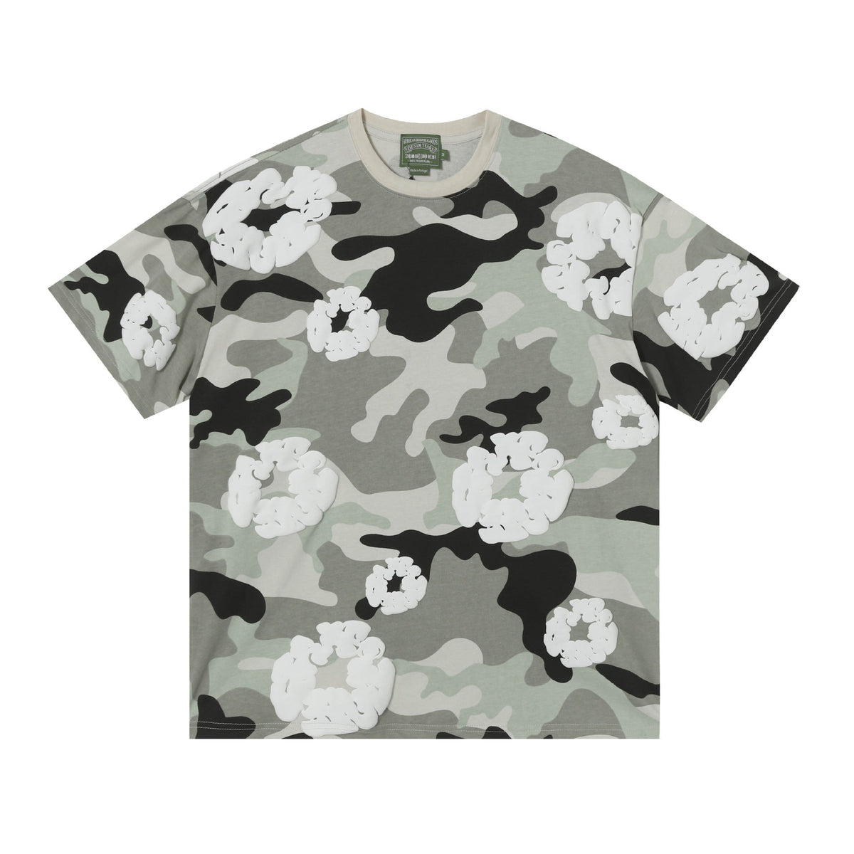 Denim Tears grey camouflage T-shirt with all-over white wreath print, crew neck, short sleeves