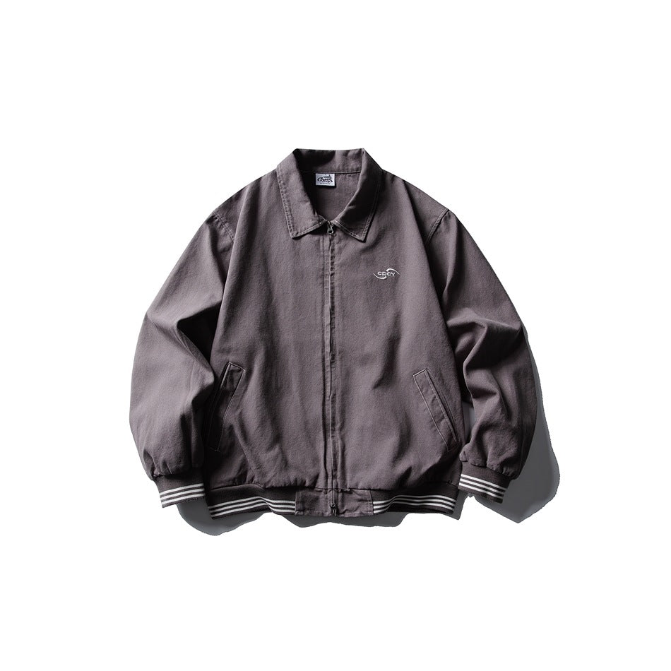 Gray-purple zip-front collared jacket with striped ribbed cuffs and hem, flat lay front view