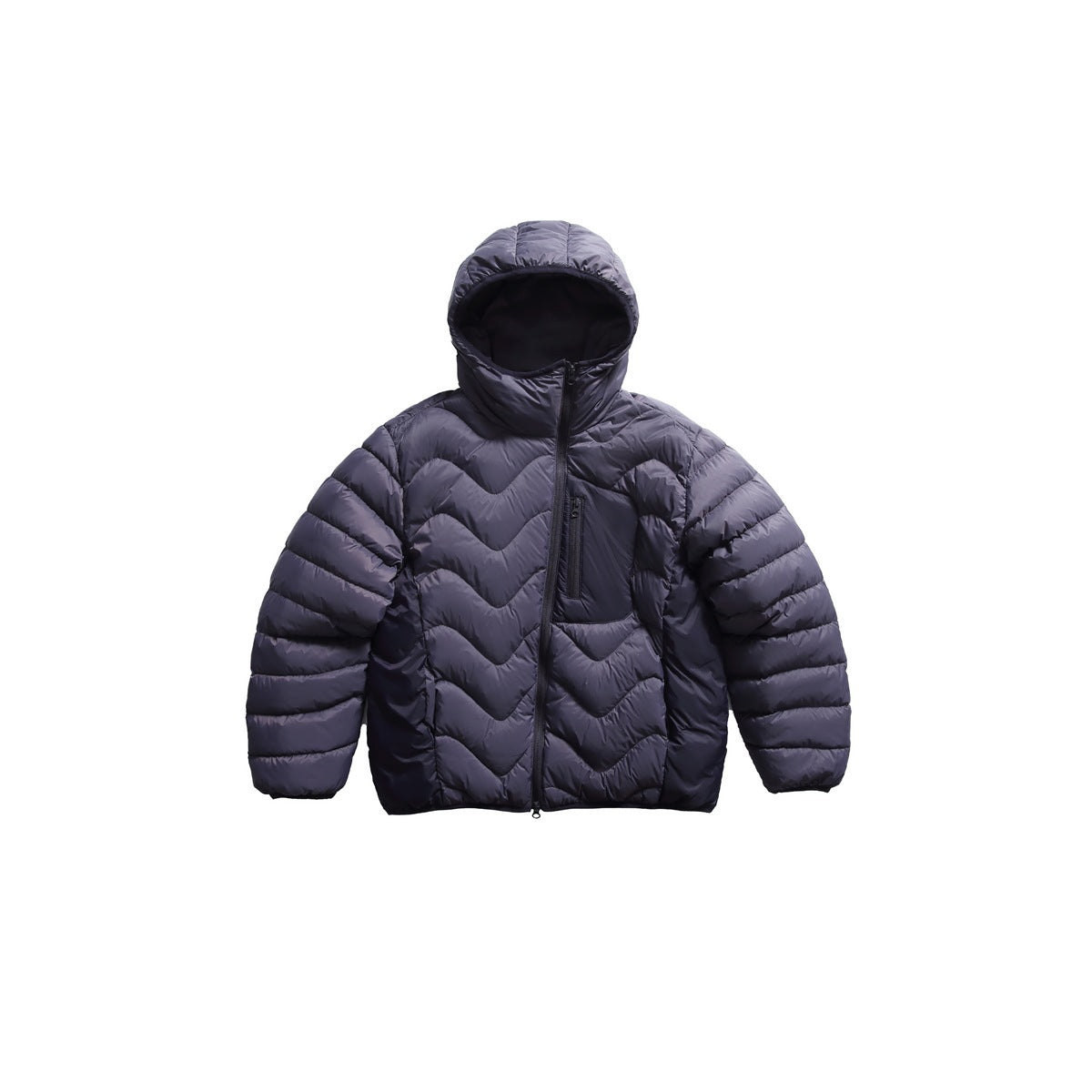 Dark purple hooded quilted puffer jacket with diagonal front zipper and zippered chest pocket, front view
