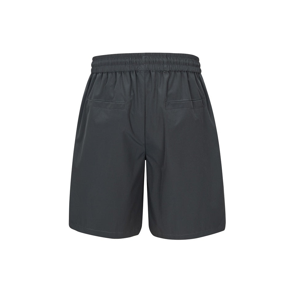 Gray shorts back view with elastic waistband and two back welt pockets