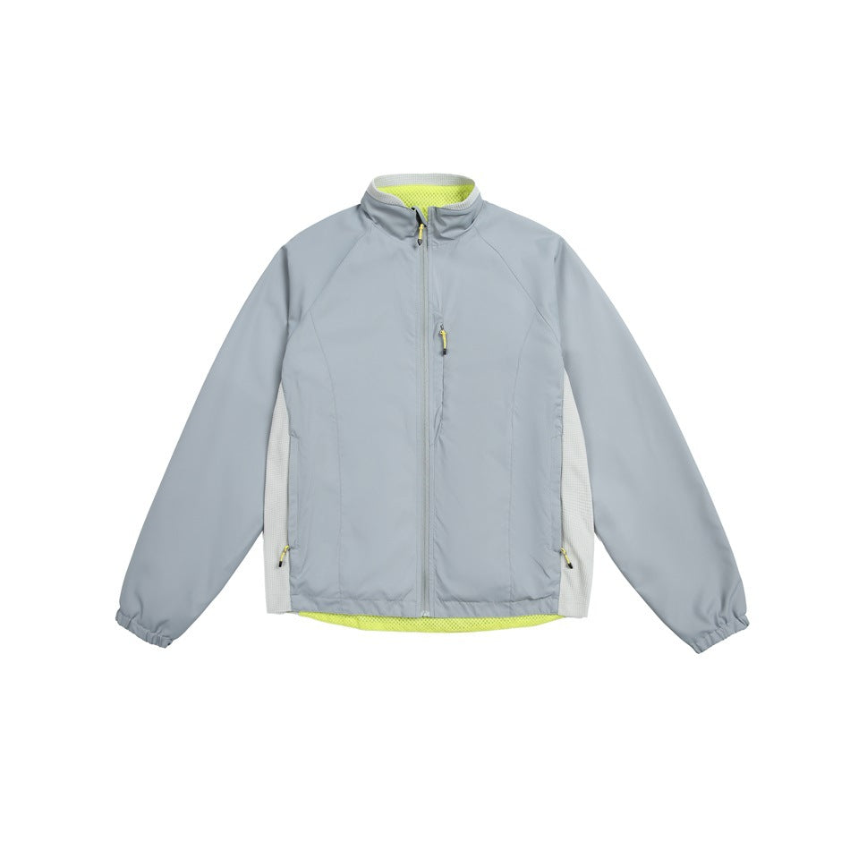 Blue-gray zip-front stand-collar jacket with light gray side panels and neon yellow-green mesh lining, flat front view
