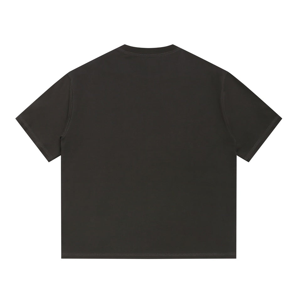 Back view of a plain dark charcoal short-sleeve crew-neck T-shirt.