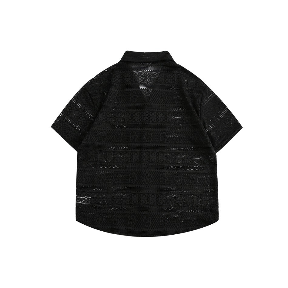Back view of a black short-sleeve collared shirt with horizontal geometric openwork patterns.