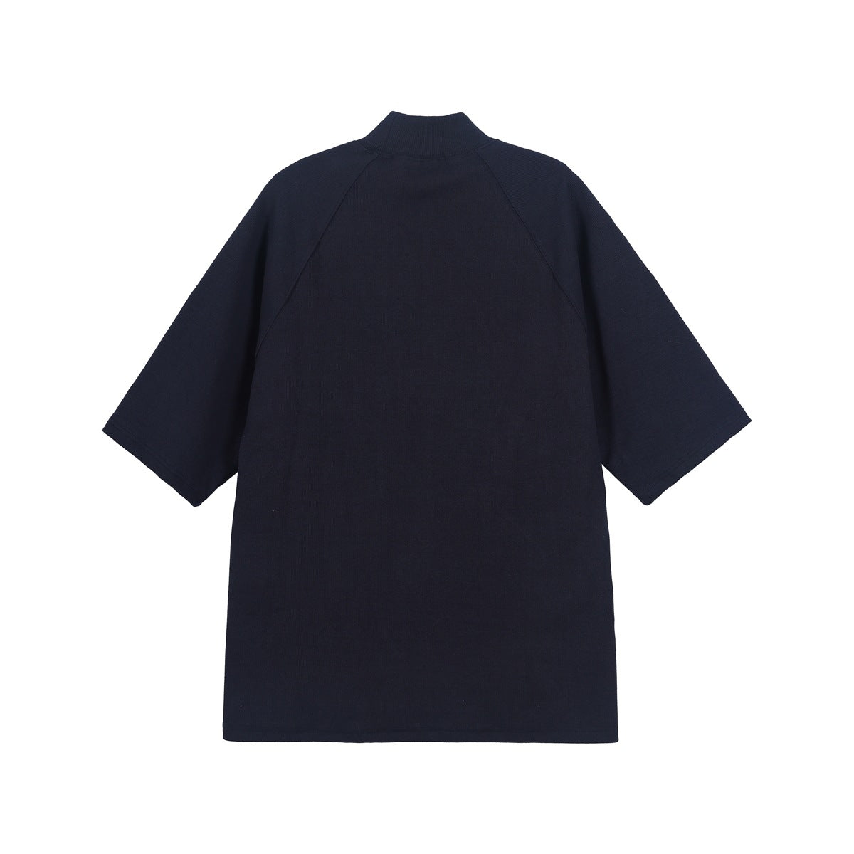 Back view of a dark navy short-sleeve top with a high ribbed collar and raglan seams, laid flat on white.
