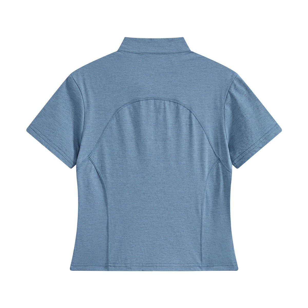 Back view of a heathered blue short-sleeve top with a stand collar and curved back seam.