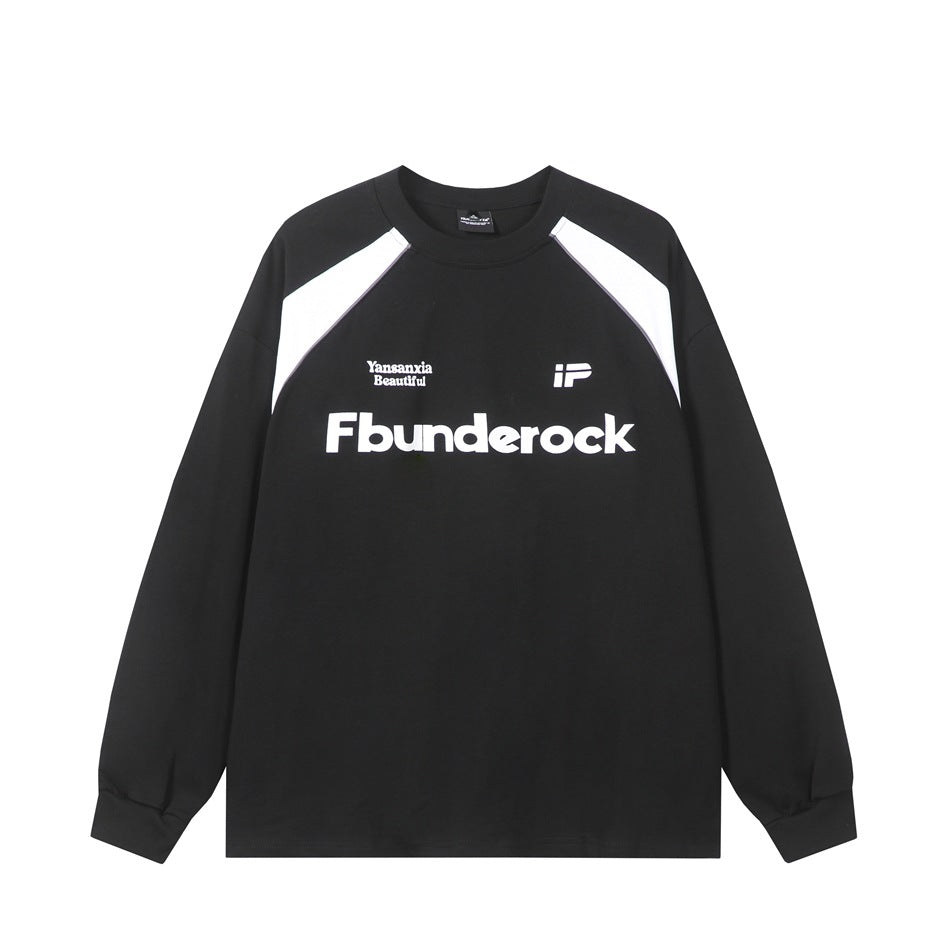 Black long-sleeve crew neck sweatshirt with white raglan shoulder panels and white Fbunderock chest print, flat lay