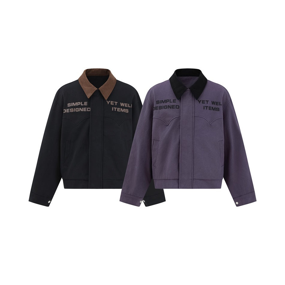 Two cropped jackets shown from the front: one black with a brown collar and one purple with a black collar.