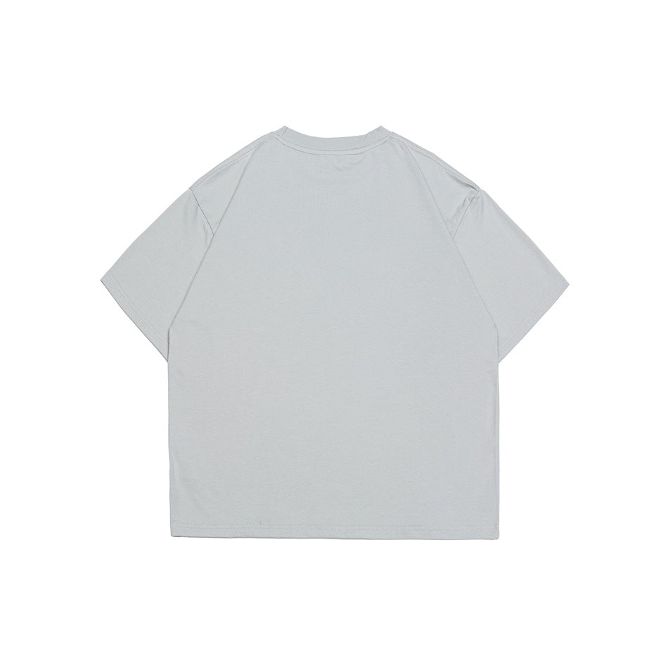 Back view of a plain light gray short-sleeve crew-neck T-shirt laid flat on a white background.
