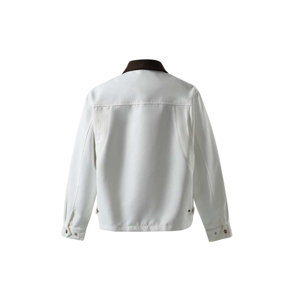 Back view of white jacket with brown collar, back yoke seam, snap cuffs and side hem snap tabs