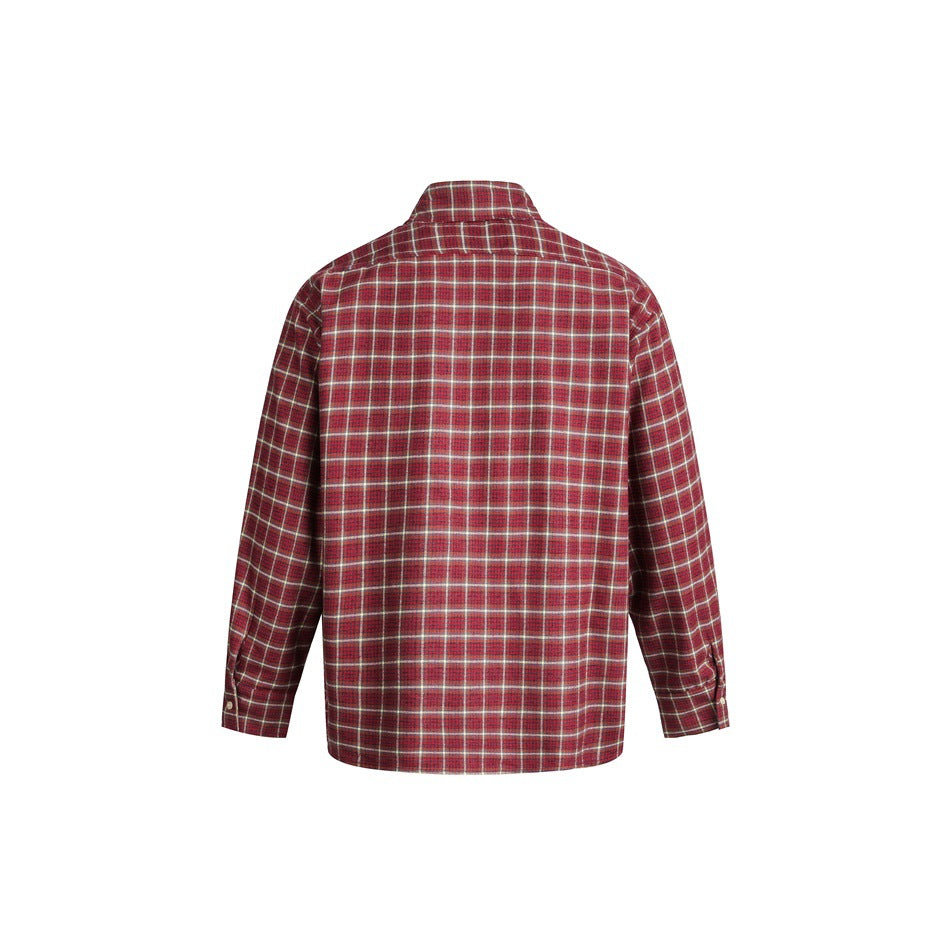 Back view of a red plaid long-sleeve button-up shirt displayed against a white background.