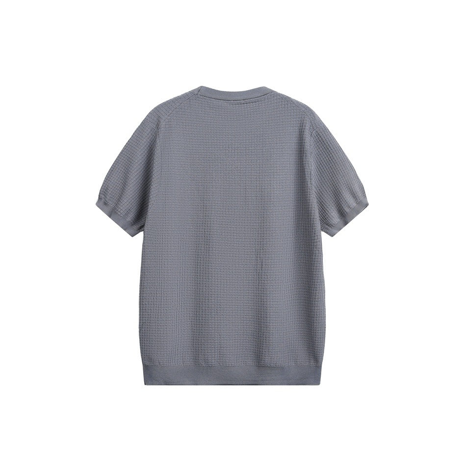 Back view of a gray short-sleeve textured knit shirt with a ribbed crew neck and hem.