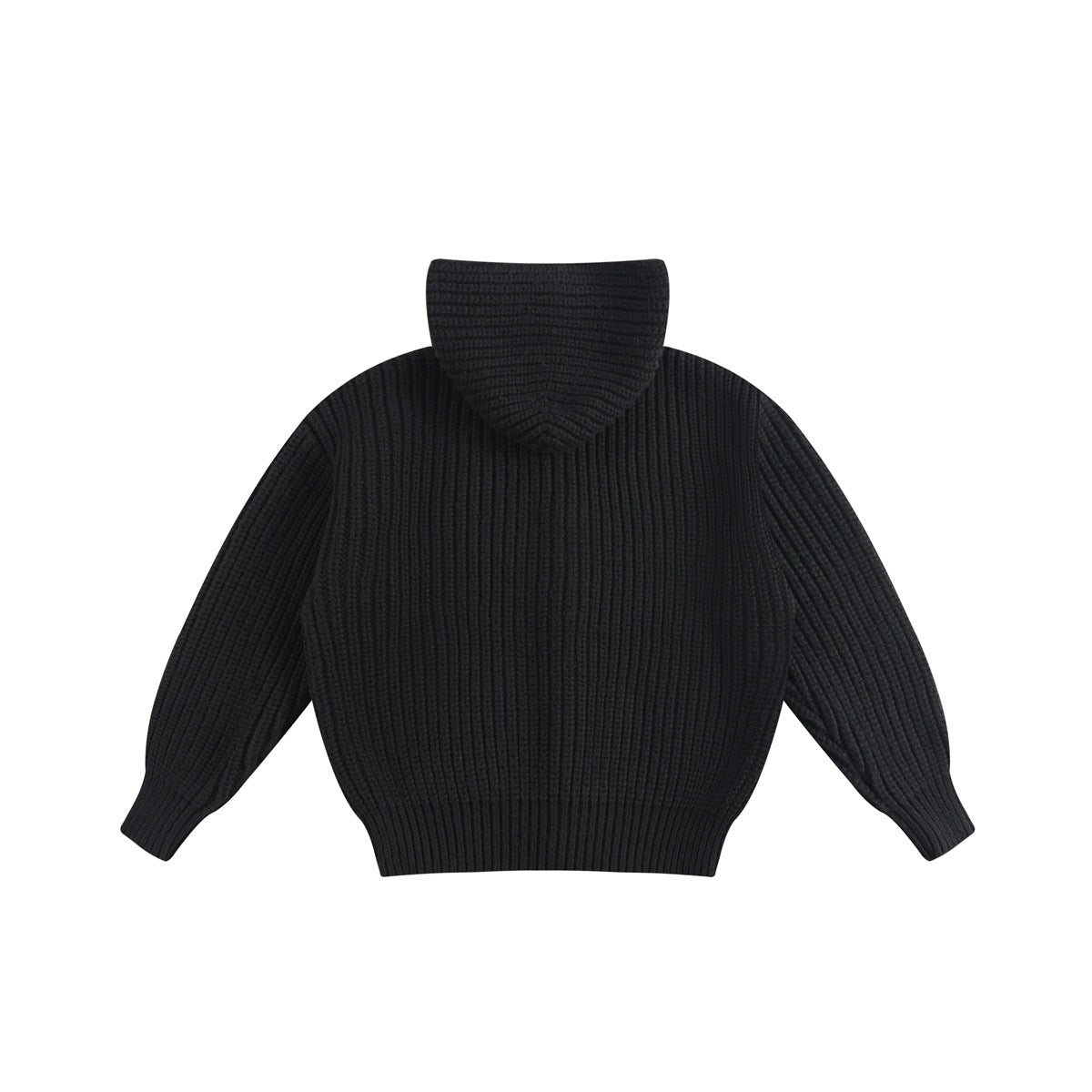 Back view of a black ribbed-knit hooded sweater with long sleeves and ribbed hem and cuffs, laid flat on white.